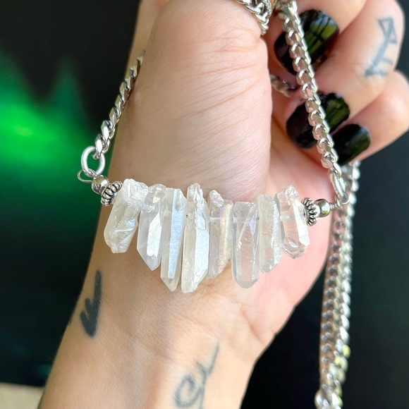 Angel aura crystal quartz on stainless steel chain boho goth choker necklace - Picture 9 of 10